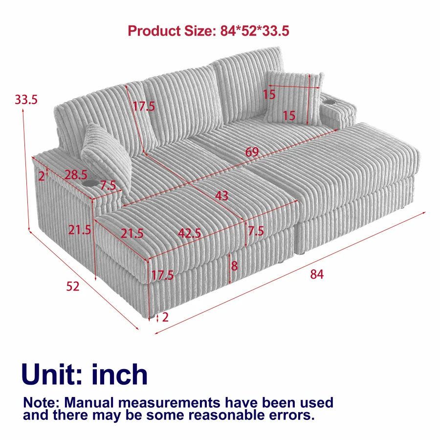 84Inch Corduroy 3-seater sofa With 3 back pillows, 2 toss pillows, 2 ottoman, 2 Footstool Storage and cup-holding grooves Comfy