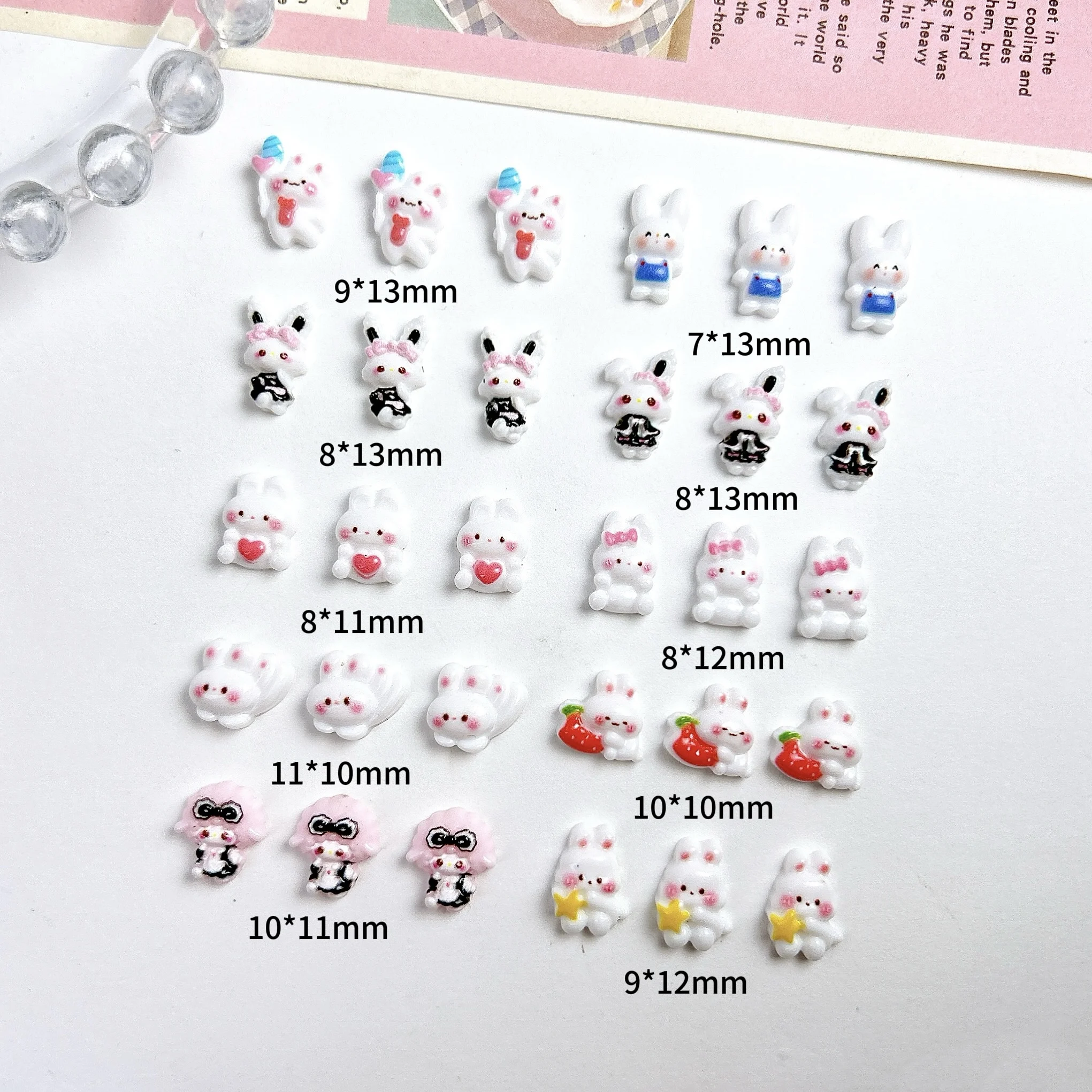 20 pçs criativo dos desenhos animados coração balão coelho branco resina encantos do prego 3d bonito pó blush coelho decorações da arte do prego diy unhas