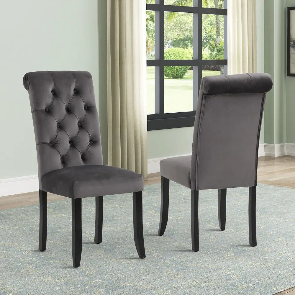 Classic Fabric Tufted Dining Chair with Wooden Legs - Set of 2, Gray