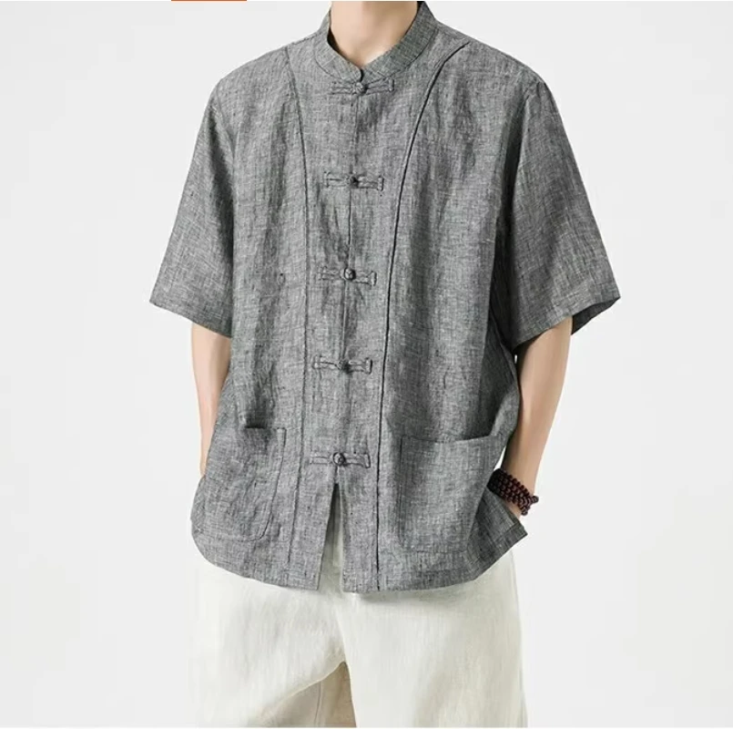 

100% linen short sleeved shirt for men in summer, retro casual Tang style clothing, buttoned youth Chinese style lining clothes