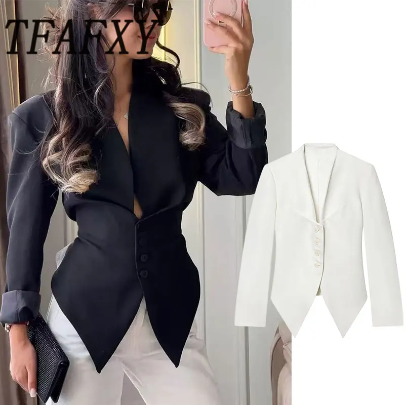 

TFAFXY 2026 Spring Women Slim Blazer Thin Long Sleeve Deep V Neck Single Breasted Irregular Party Jacket Coat