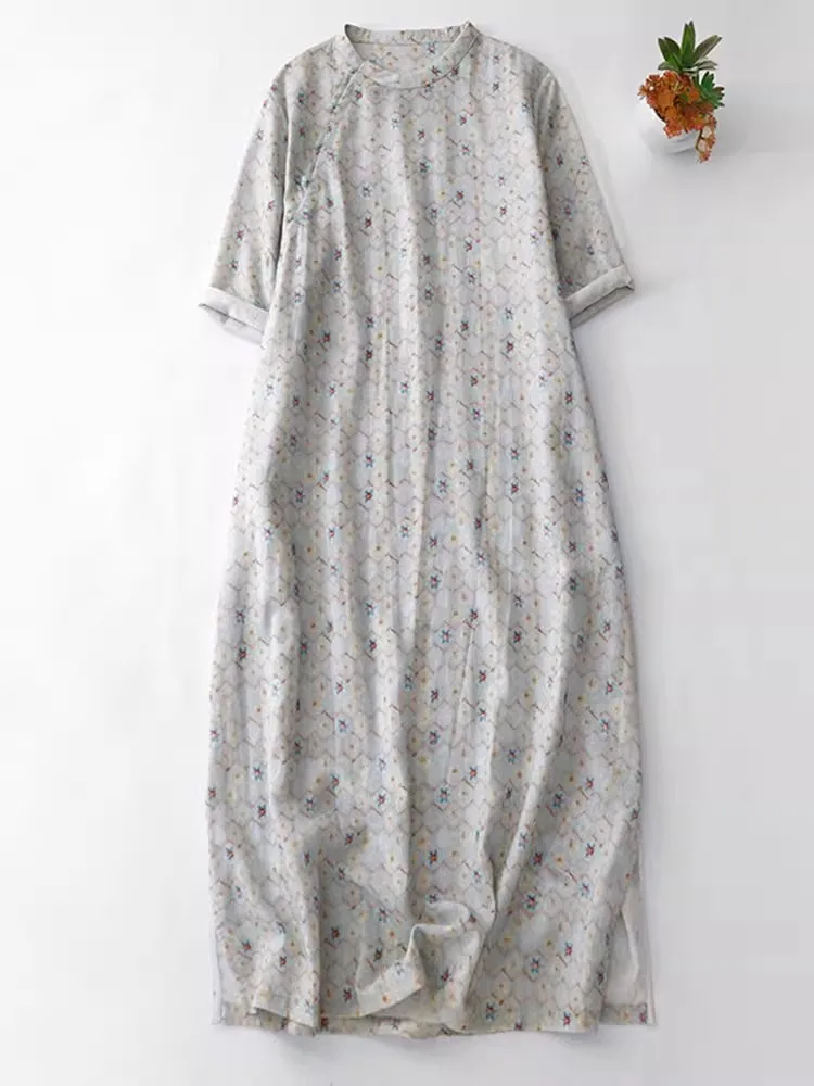 

Vintage Chinese Style Women Cheongsam 2025 New Summer Elegant Slant Opening Office Lady Midi Dress Floral Print Party Dress