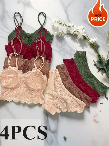 4pcs Women'S Sexy Lace Bra & Panty Set, Breathable & Comfortable, Removable Bra, Stretchy Lingerie Set