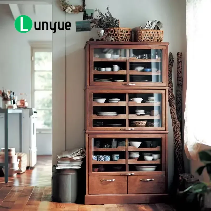 Japanese Farmhouse Stone Side Cabinet Tea Storage Locker with Glass Display for Living Room Dining Room Eco Friendly
