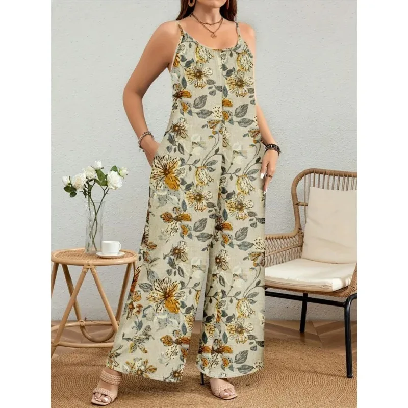 

Spring Summer Casual Women's Strap Long Pants Autumn New Hot-Selling Printed plus size Sleeveless Jumpsuit for Women