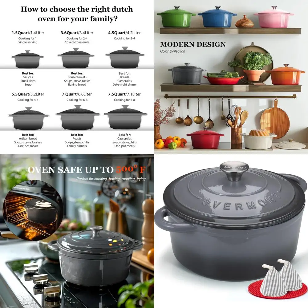 

7-Quart Enamel-Coated Cast Iron Dutch Oven with Lid and Cotton Potholders - Durable Cookware for Braising, Stews, Roasting, and