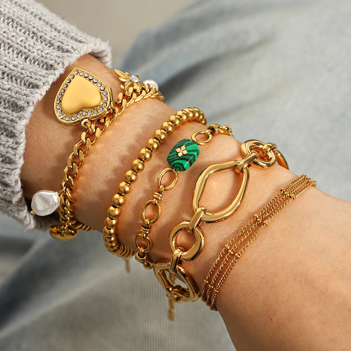 

Chunky Link Chain Bracelet Set Pearl Heart Women Steel PVD Plated Aesthetic Non Fade Party Gift Stainless Steel Jewelry