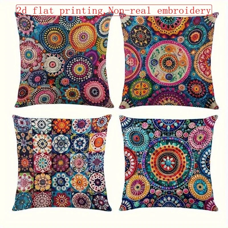 Juego de 4 piezas, Funda de Almohada Estilo Bohemio Étnico con Impresión 2D Plana, Material de Poliéster, Varios Tamaños, Lavabl