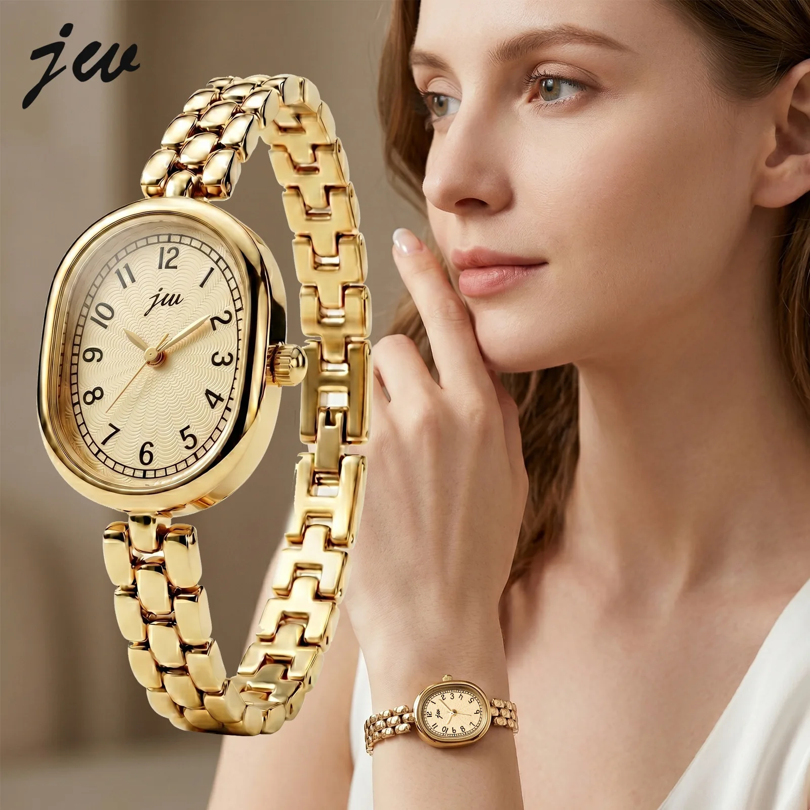 Retro Oval Small Gold Watch for Women Digital Dial Quartz Hour Clock with Chain Strap Simple Luxury Fashion