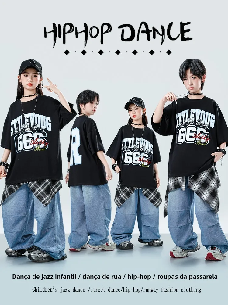 Conjunto de Roupas de Dança de Rua para Meninos, Estilo Hip Hop Coreano, Camiseta de Manga Curta para Dança Jazz para Crianças