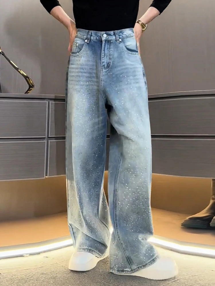 Men's 2025 Summer New Hot Diamond Jeans Wide-leg Chic Denim Pants Loose Straight Fashion Pocket Decoration Retro Denim Trousers