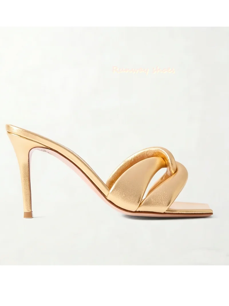 

Golden Square Head Broadband Winding Wrapping Style Shoe Upper Luxury Stiletto Heels Shallow Banquet Fashion Slippers Women's