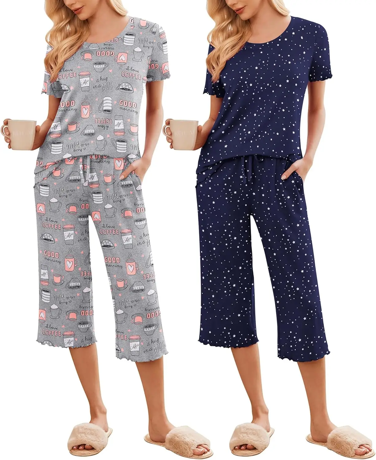 

2 Pack: Women's Pajamas Set Short Sleeve Sleepwear Capri Pants Pjs Soft Loungewear with Pockets