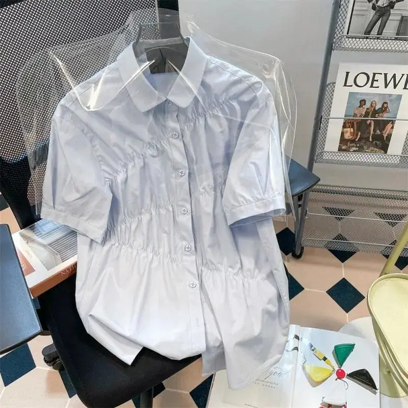 

Summer Loose Chic Pleated Short Sleeved Shirt for Women + Jk Preppy Style Pleated Mini Skirt Two Piece Sets Women Y2k Suits