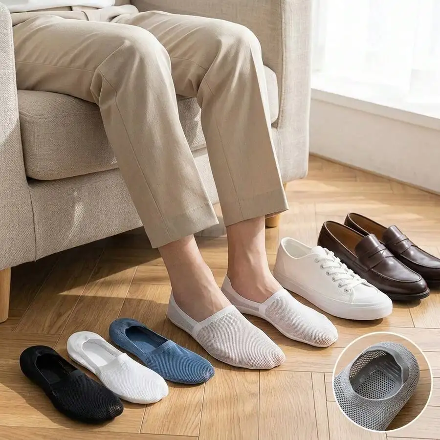 

Summer Mesh Mens Ice Silk No-Show Boat Socks Breathable Sweat Absorbent Anti-Slip Heel 6-Pack