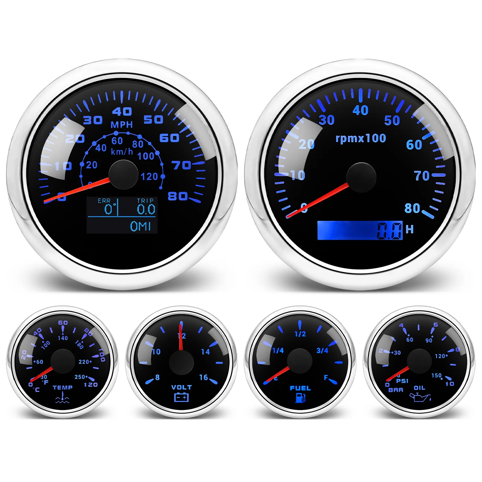 

85MM Speedometer +Tachometer 0-8000RPM 6 Gauges Set 7 Color Backlight Water Temp Gauge Voltmeter Fuel Level Gauge Oil Pressure