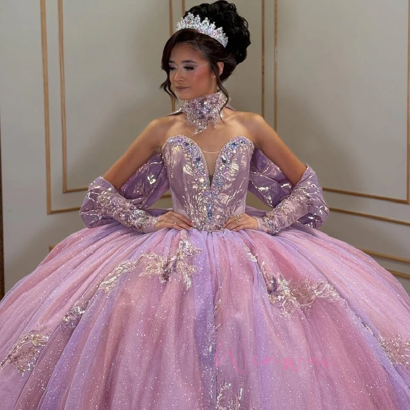 فساتين Quinceanera لامعة مخصصة مكشوفة الكتفين للأميرة مزينة بالدانتيل والخرز من التول لحفلات أعياد الميلاد 15 #2
