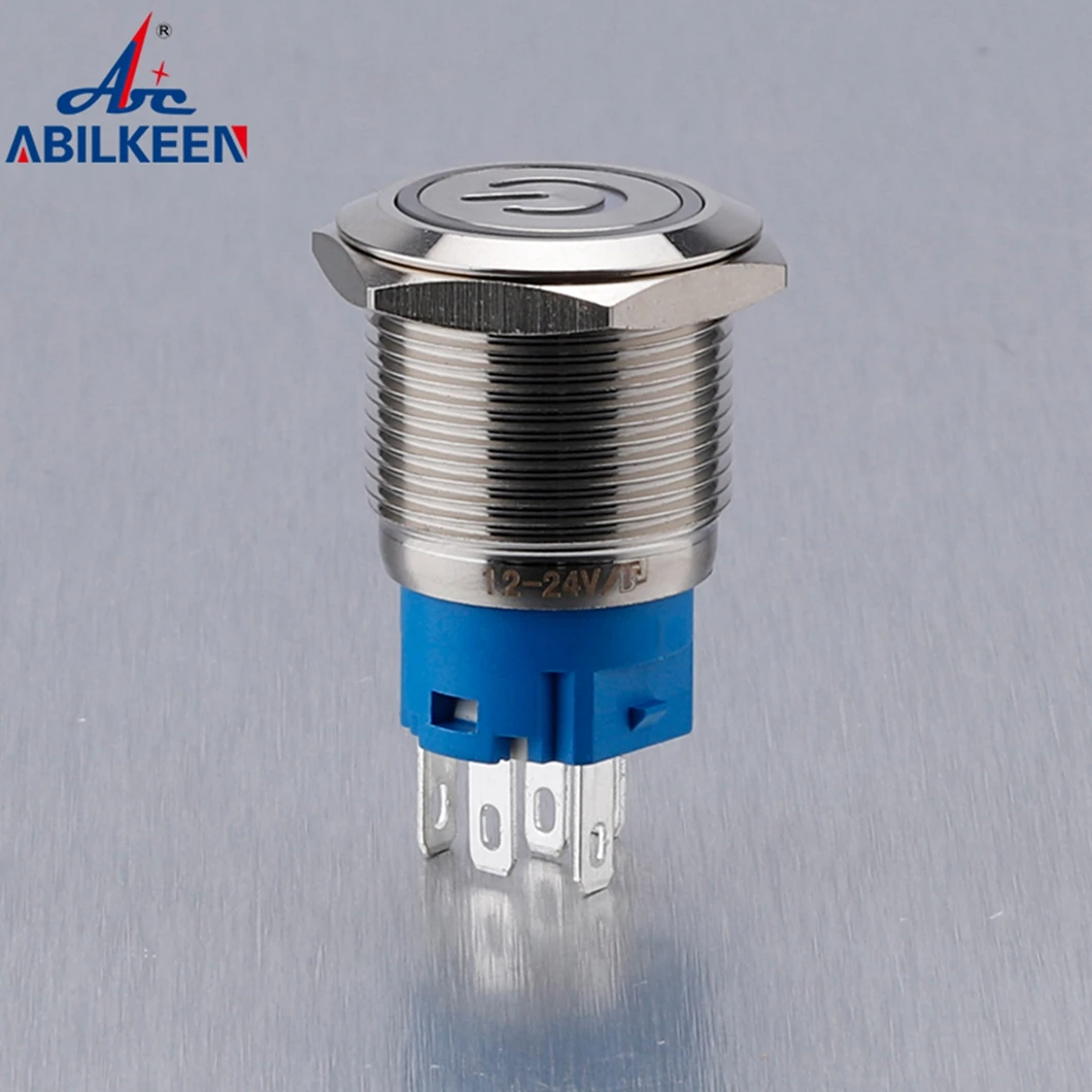 ABILKEEN 19MM Flat Head Customized Illumintant Power Logo with LED Light Ring Waterproof IP67 Metal Push Button Switches