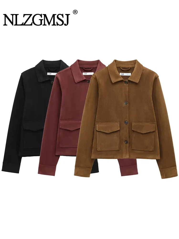 2025 Suede Texture Casual Chic Women Jackets Solid Turn-down Collar Pockets Loose Short Coats Fashion Outwears