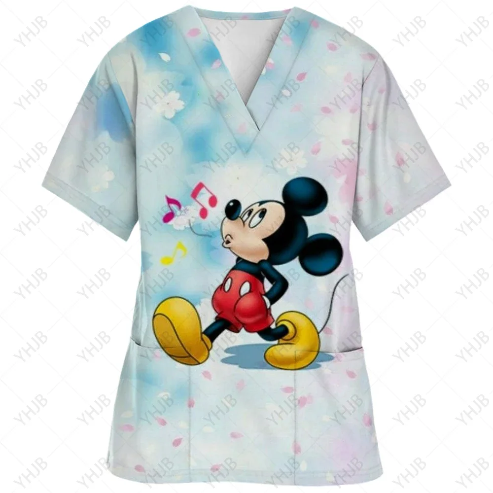 Kobiety z krótkim rękawem strój pielęgniarki pracowników szpitala Disney Minnie nadruk Mickey graficzny t-shirt z dekoltem w szpic ubrania robocze