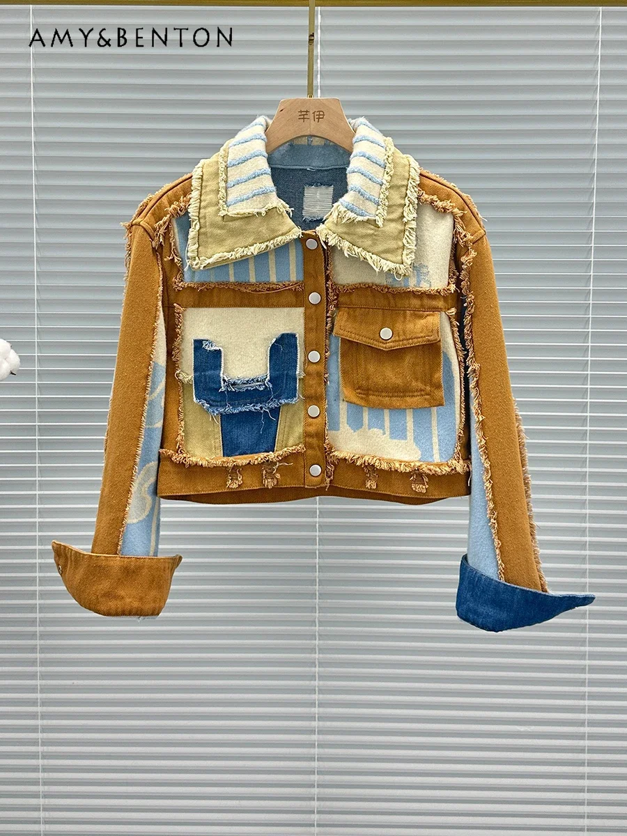

Commuter Style Personality Loose Slim Long-sleeved Jacket Street Patchwork Fashion Casual Short Jean Jacket for Women 2024 New