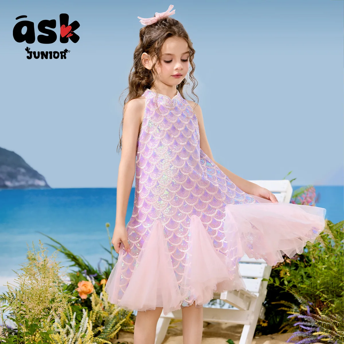 فستان الأميرة حورية البحر بدون أكمام شبكي متباين بالترتر الأرجواني للفتيات الصيفي للأطفال