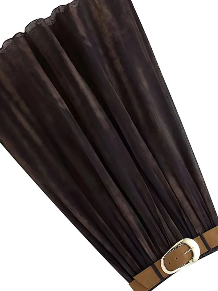 

HH Women Fashion Versatile Fuzzy Printed Belt A-Line Midi Skirt Female Temperament Casual Pleated Belted Ankle-length Skirt