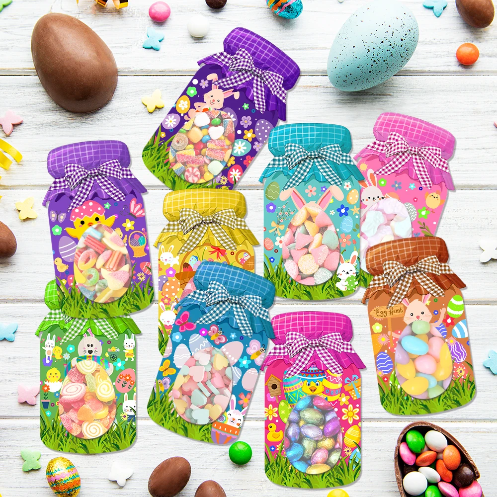 9/18pcs Happy Easter Drift Bottle Greeting Card shape Candy Gift Bags cute Bunny Egg printed Cookie Snack Packaging Decor