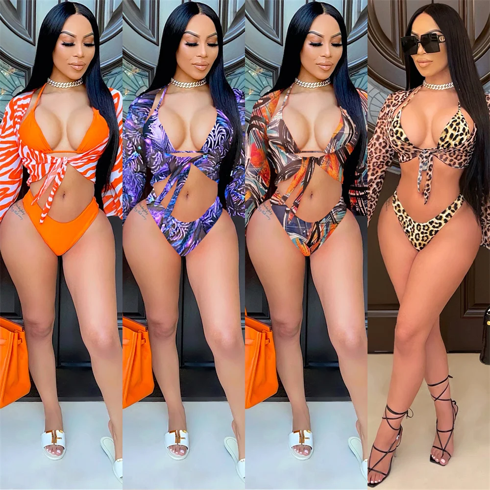 2024 summer fashion sexy bikini women's vacation beach hot spring gauze leopard print three-point strap three-piece set