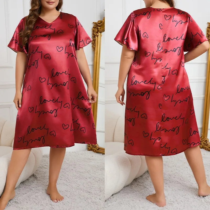 قميص نوم نسائي فضفاض برقبة على شكل حرف v قميص نوم منزلي مثير مطبوع مقاس كبير 5XL ملابس نوم حريرية من الساتان ملابس داخلية