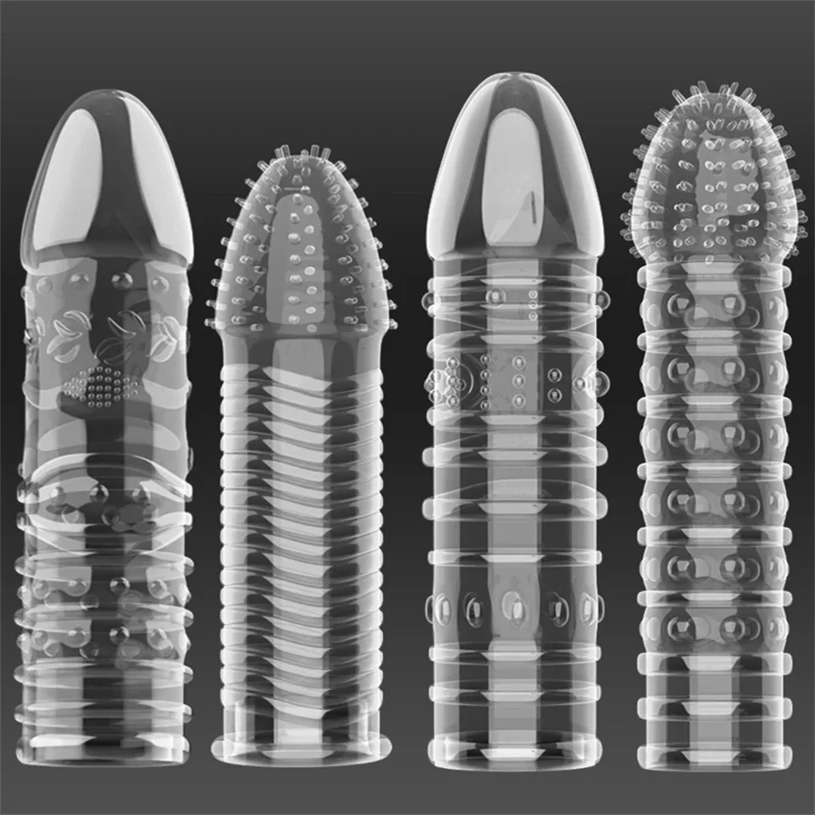 9 Types Transparent Crystal Reusable Condom Clit Massager Delay Ejaculation Male Extension Enlargement Penis Sleeve Sex Toys