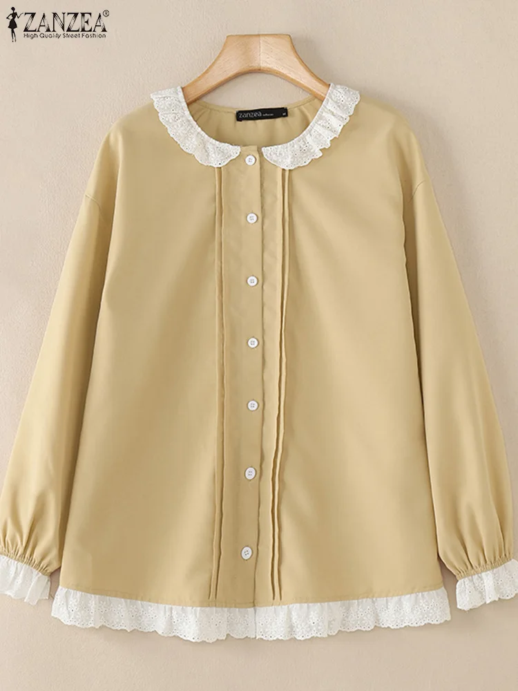 ZANZEA Elegant Pleated-bib Shirts Long Sleeve Lace Trim Autumn 2024 Drop-shoulder Blouses Women Solid Peter-pan Collar Blusas