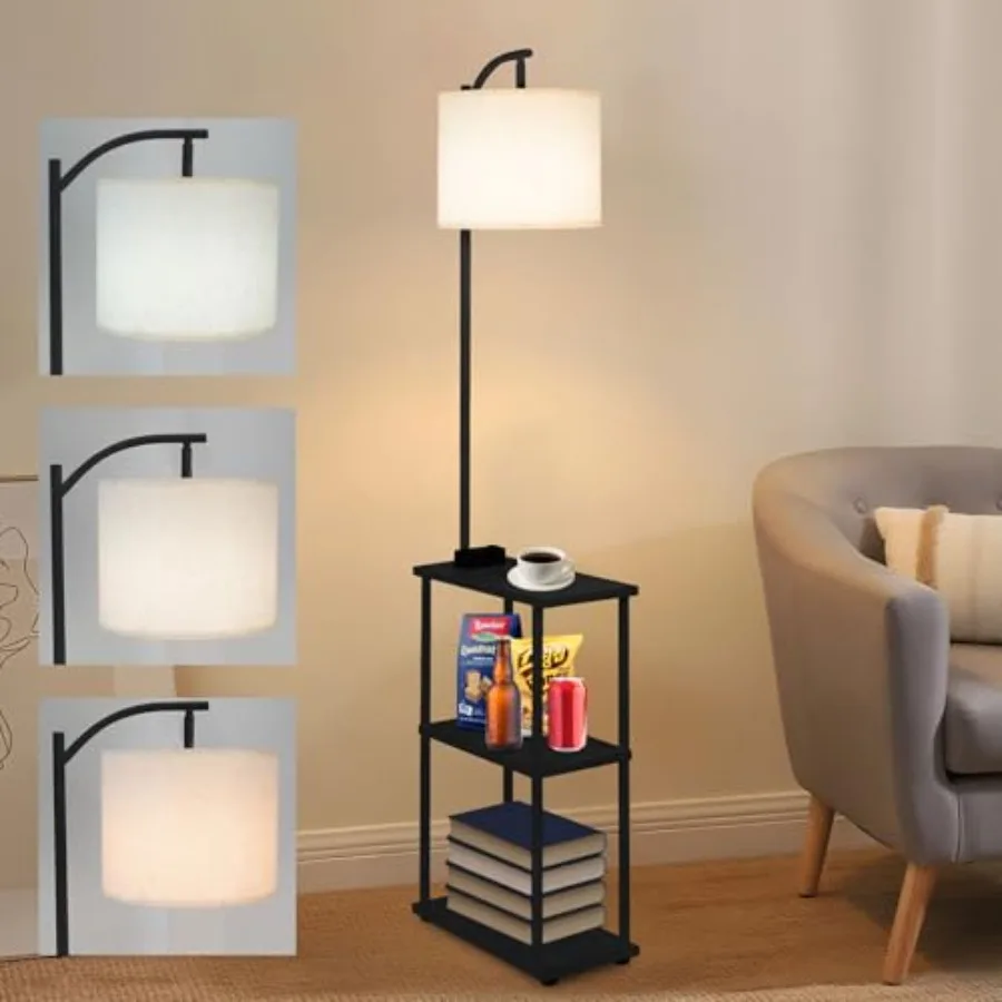 Floor Lamp with Table, Narrow Side Table with USB-A/USB-C Charging Station and AC Port, 3 Color Temperatures 12W LED Bulb, End