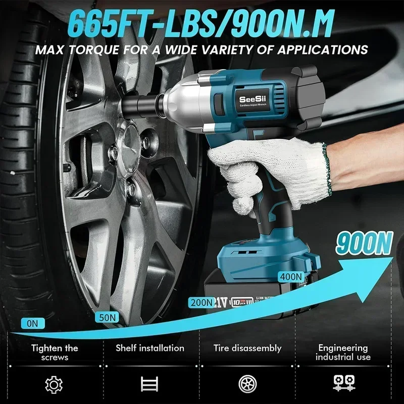 Cordless Impact Wrench 900N.m Power Impact Gun 1/2'' 3300RPM Brushless Electric Impact Driver for Home Car Truck Mower