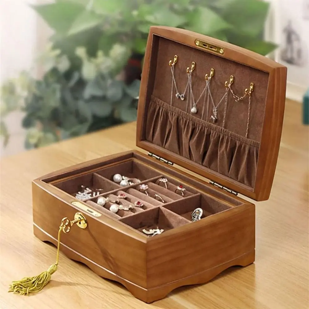 

Wooden Jewelry Box with Lock Luxury Vintage Trinket Storage Box Double Layer Removable Treasure Chest Case Necklaces Earring