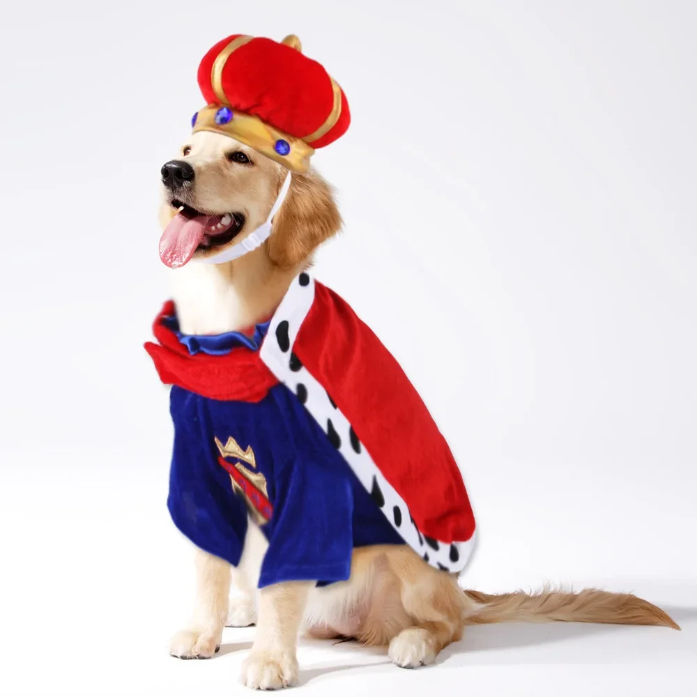 Dog King Cloak Costume with Crown Cap Pet Suit Prince Autumn Winter Apparel Cat Hoodies Puupy Clothes French Bulldog Chihuahua