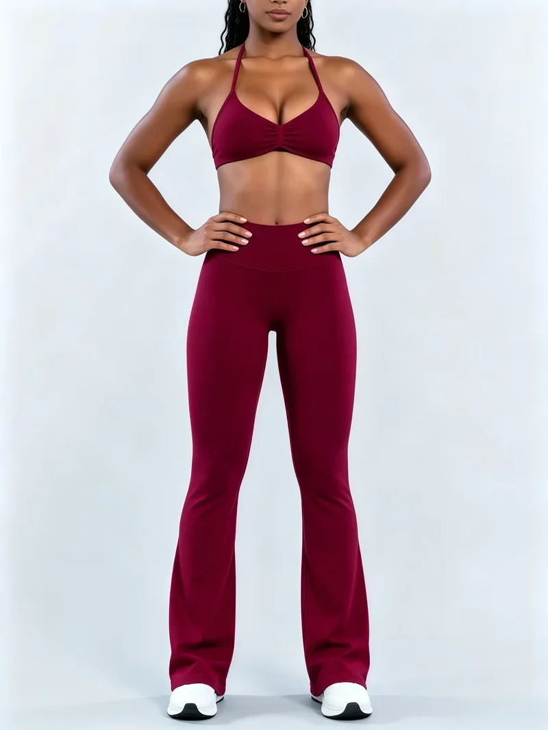 2-teiliges HISTELLO Schlaghosen-Set für Damen, Neckholder-Sport-BH, Nahtlose Po-Lifting-Yogahose, Bauchkontrolle, Fitness-Workout-Sets – Detail 9