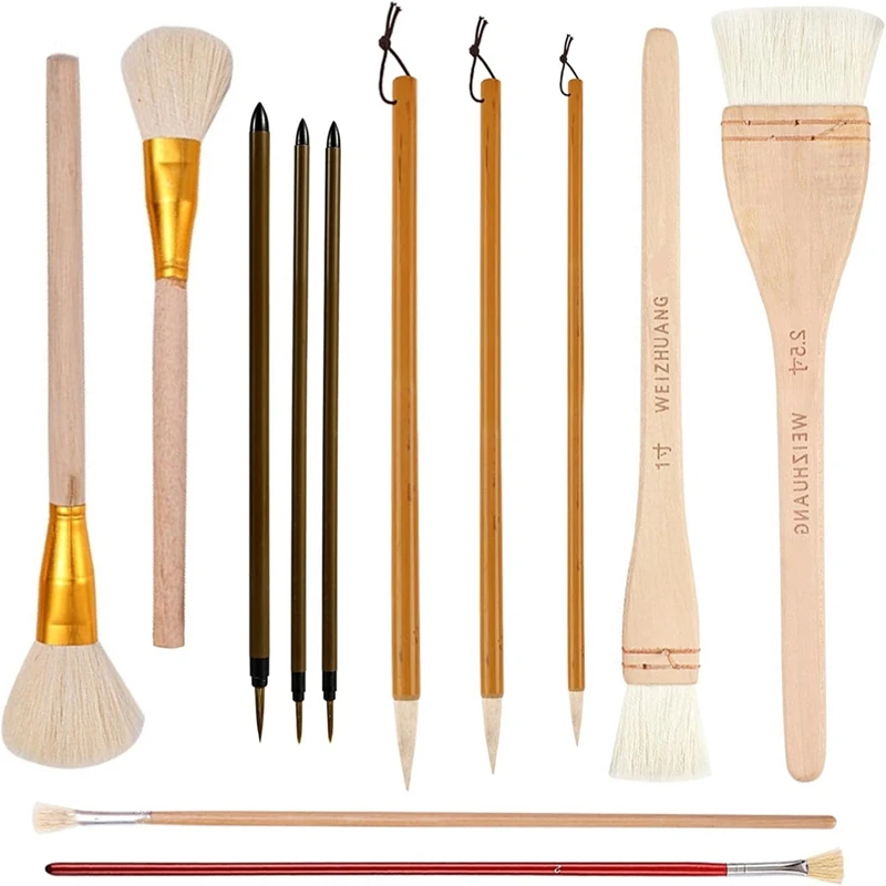 Cerâmica esmalte escova Set para artistas, formas sortidas, aguarela-lã cerdas, pincéis de arte para artistas, 12 pcs