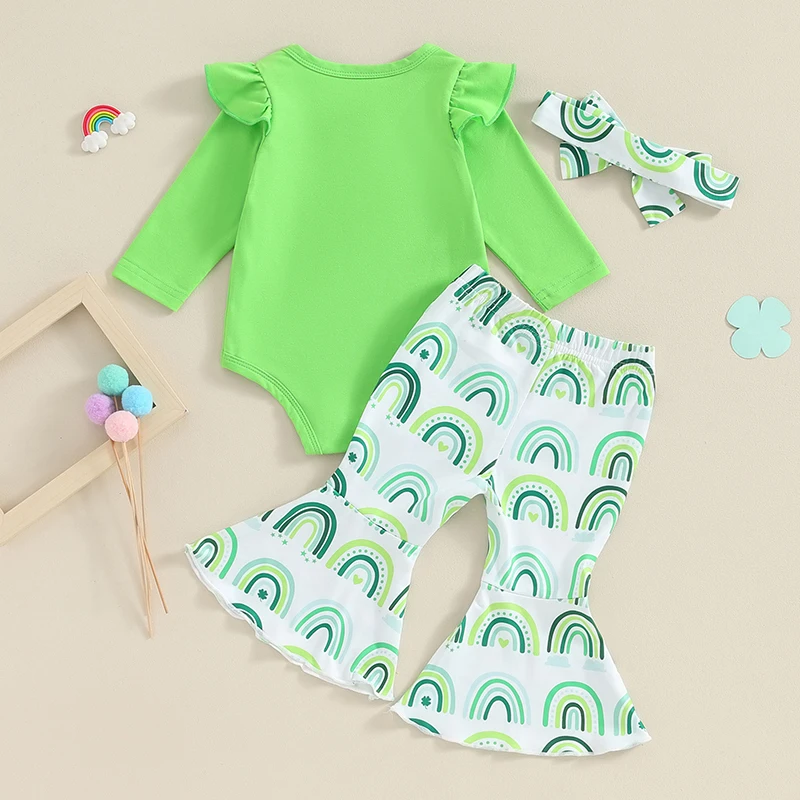 St Patrick s Irish Day Baby Girls 3PCS Outfits Long Sleeve Romper Rainbow Flare Pants Headband Set Infant Clothes