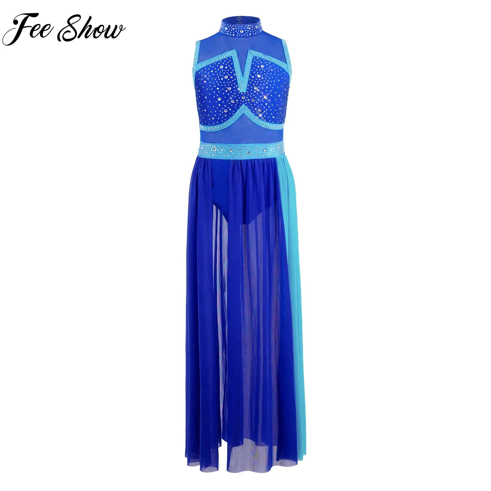 Kids Girls Lyrical Figure Skating Dance Dress Sleeveless Rhinestones Split Mesh Leotards Dress Ballet Dance Performance Costume