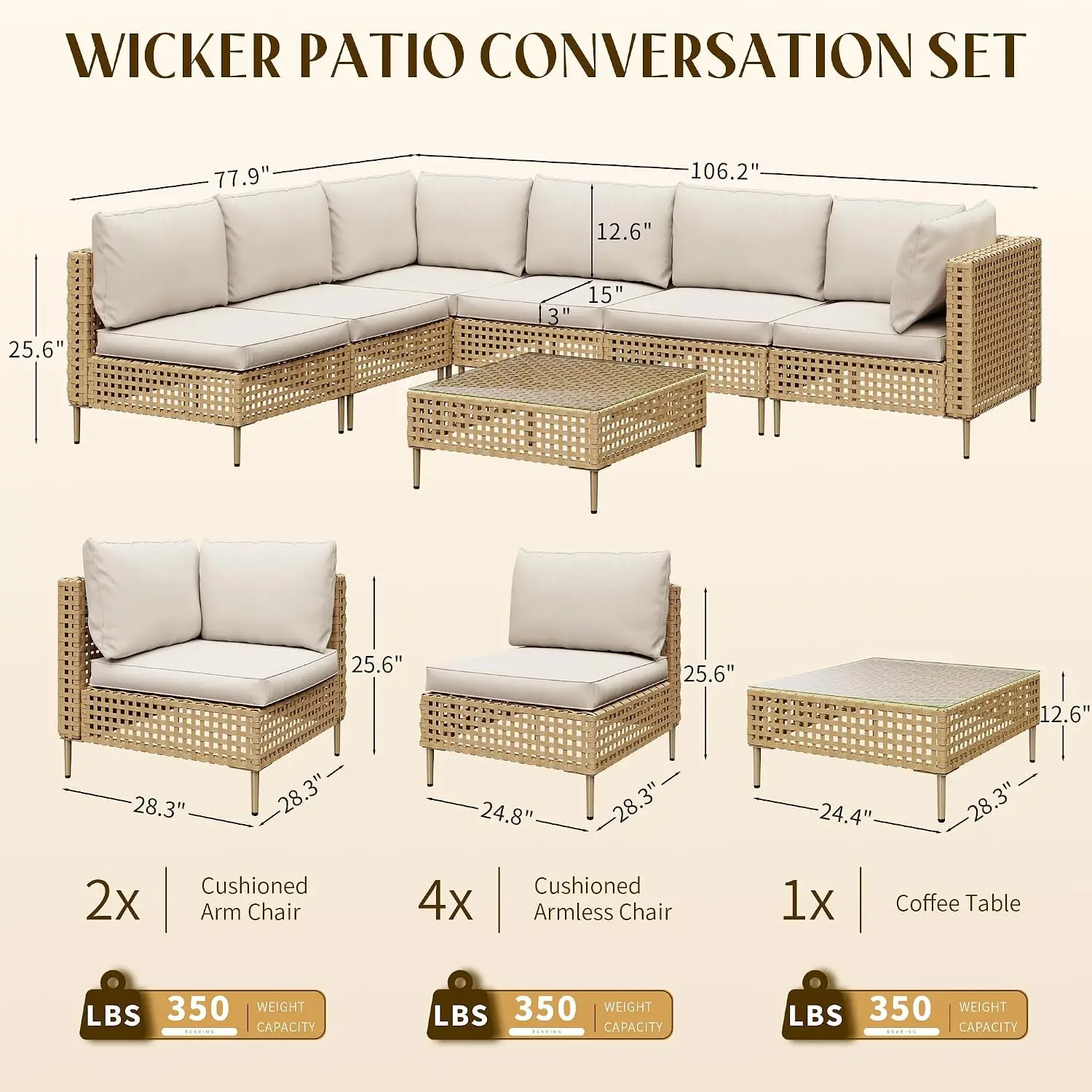 Handmade Rattan Patio Furniture Sectional Sofa Set with Fluffy Cushions & Coffee Table, 7-Piece, Beige, Customized