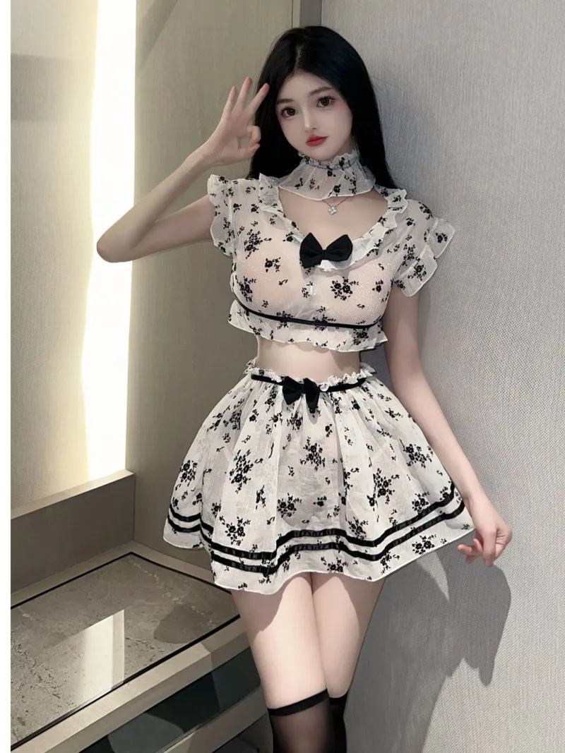 Sexy Cute Bow Two Piece Set Short Flower Print Transparent Sweet Women Summer New Bubble Cute Chest Wrapping V-neck White Y5GR