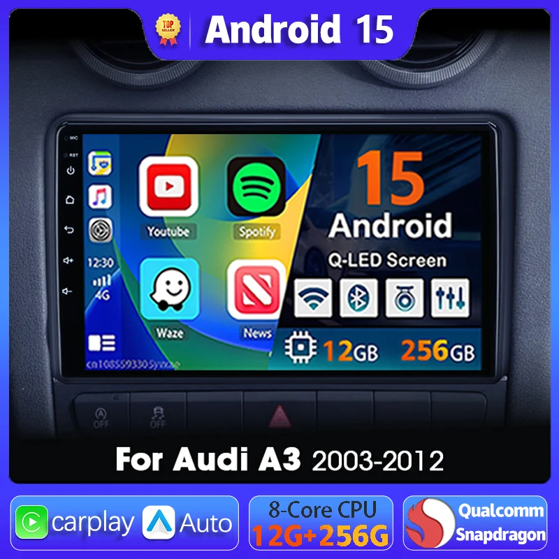 Rádio Multimídia com Navegação GPS Android 16 Carplay Auto para Audi A3 8P 2003 - 2013, Unidade Principal 2din, Vídeo Estéreo Automotivo.
