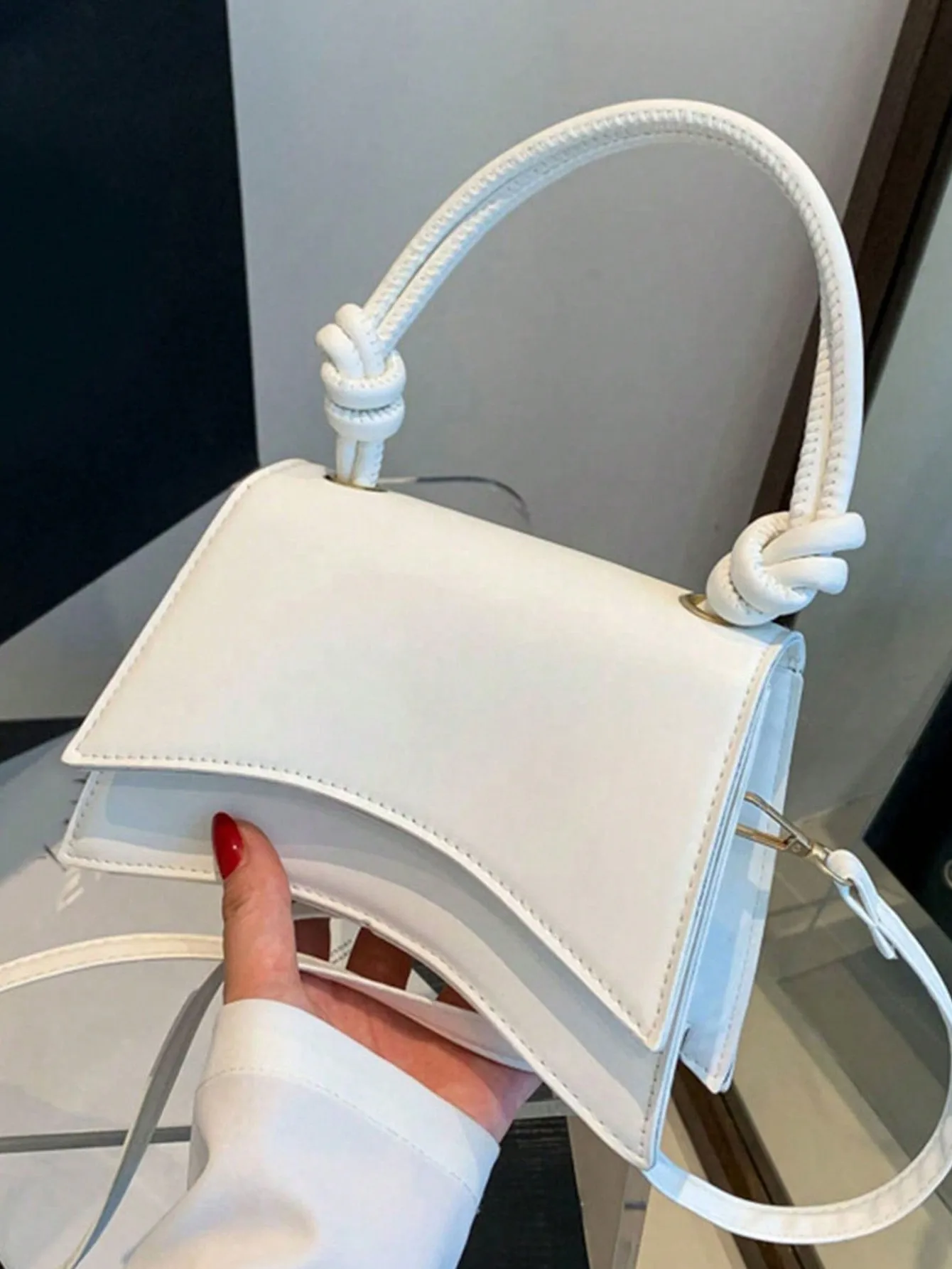 

White Minimalist Square Top-Handle Bag with Knot Detail PU Leather