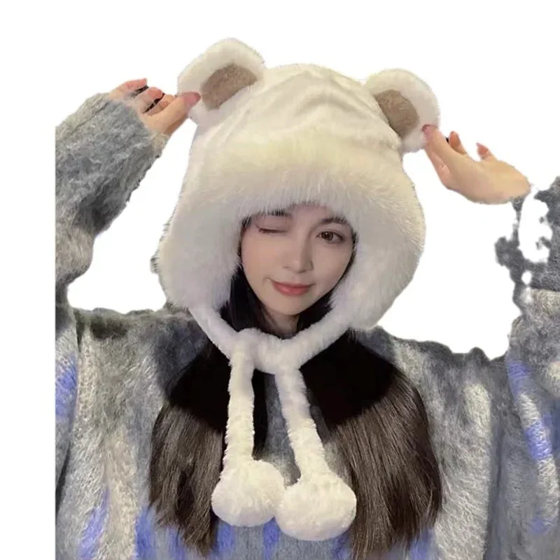 Autumn Winter Outdoor Cycling Ear Protection Cap Women Plush Hat With Cute Bear Ears Fuzzy Warm Thick Lace-up Windproof Strap