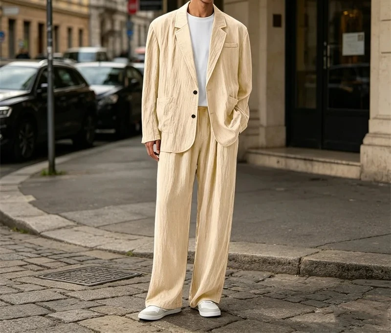 Men's Linen Blend Wrinkled Two Piece Suit Loose Two Button Blazer Wide Leg Trousers Casual Vacation Daily Soft Breathable Outfit