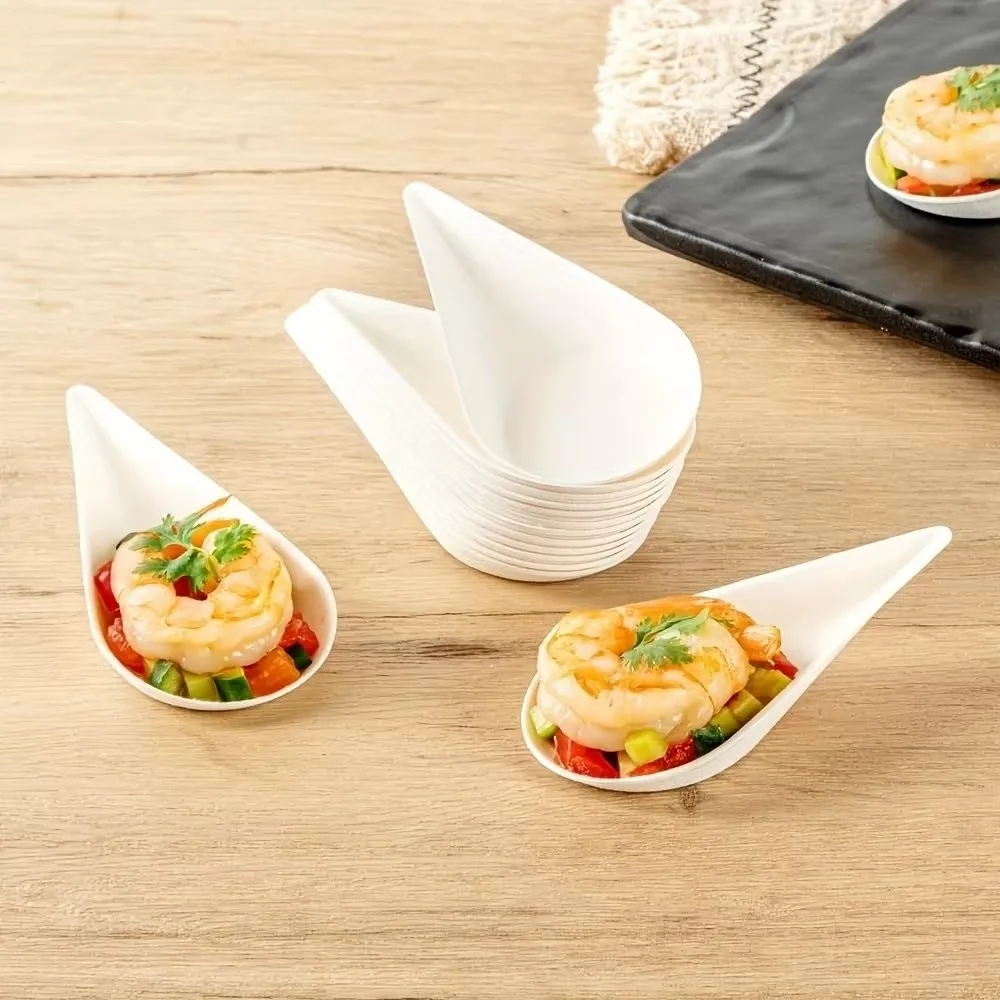 25pcs Creative Disposable Mini Serving Trays Plastic Smooth Edge Tasting Spoons Water Drop Dessert Spoons Dishes Serving Plate