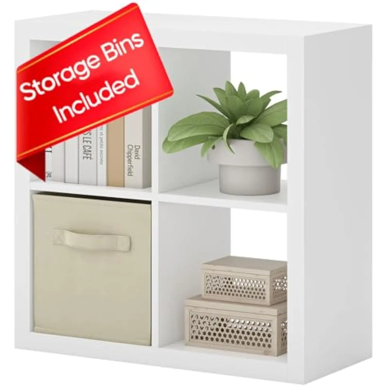 

Bookshelf with Storage Bin, 4-Cube Storage Organizer, Modern Wood Open Bookcase, Multifunctional Display Shelf for Living Room,