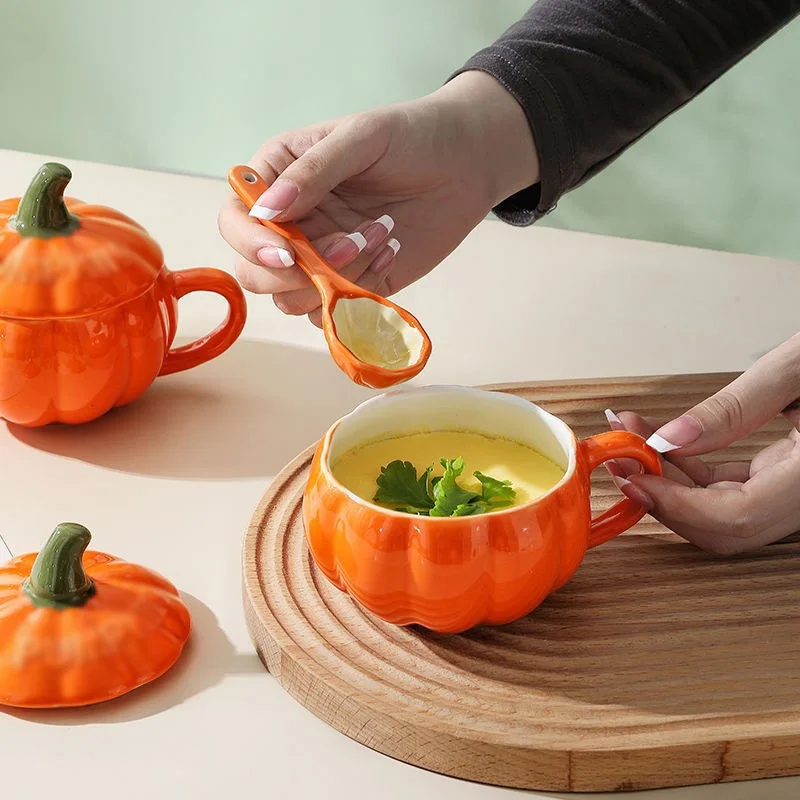 Halloween Creative Pumpkin Mug Ceramic Cup With Spoon Soup Mug With Lid Oatmeal breakfast Cup For kids Tea Milk Coffee Cup