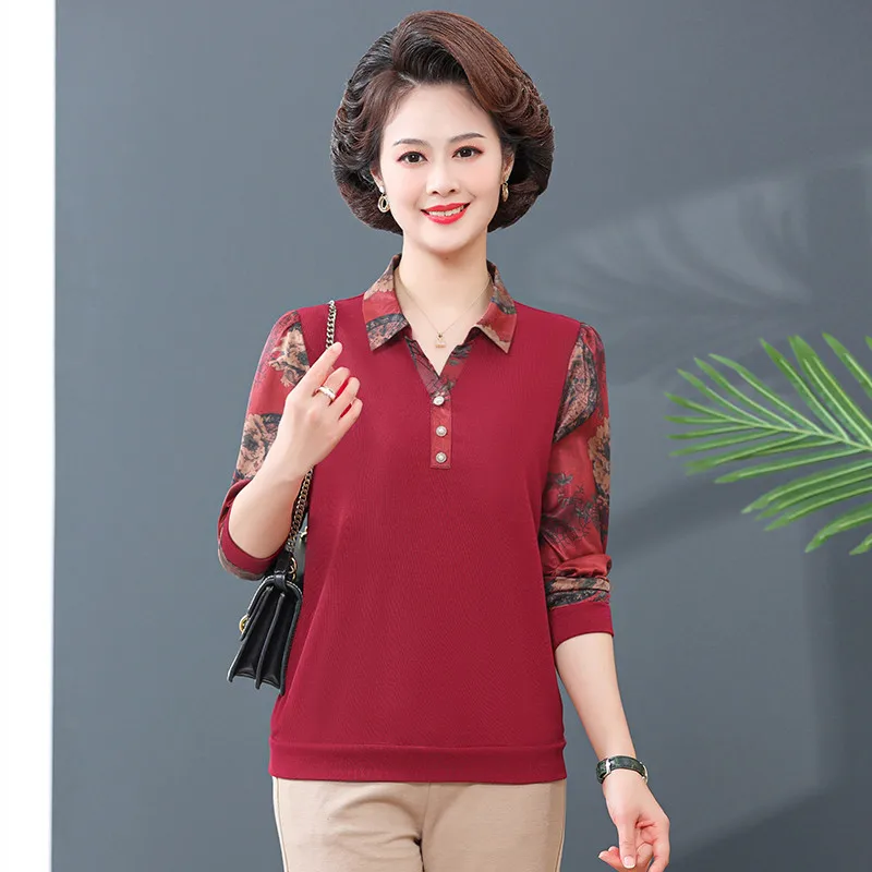 

Female Shirt collar chiffon patchwork Top Long Sleeve Bottoming Shirt Spring Summer Loose Middle-aged Thin Blouse T-shirt